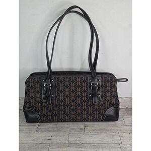 Y2K Fossil Monogram Black Brown Canvas Leather Trim Shoulder Satchel Bag Purse